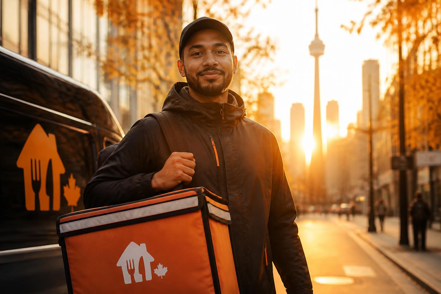 Smiling ALOVA delivery driver in a Canadian city at golden hour with insulated delivery bag