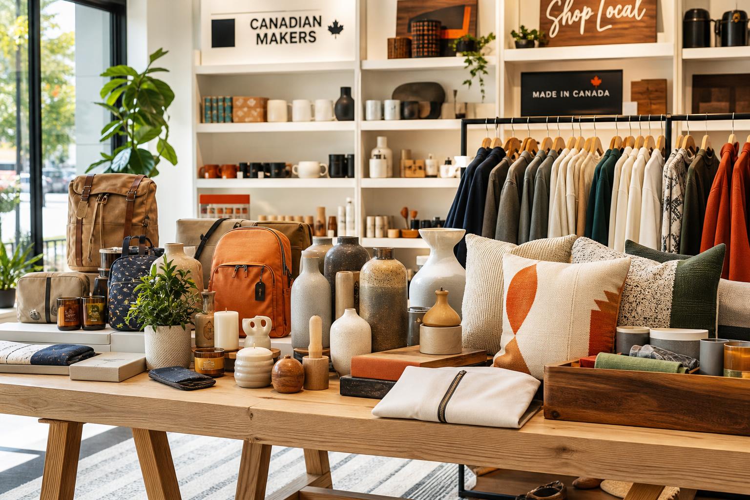 A curated Canadian marketplace display of fashion apparel, backpacks, home decor, kitchenware, candles, and lifestyle products