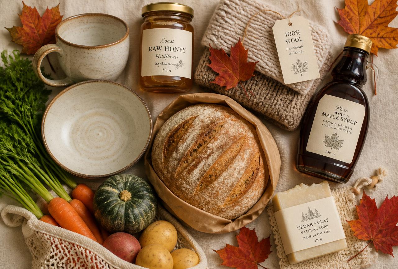 Flat lay of Canadian marketplace goods including sourdough bread, maple syrup, honey, handmade pottery, woolens, and fresh vegetables